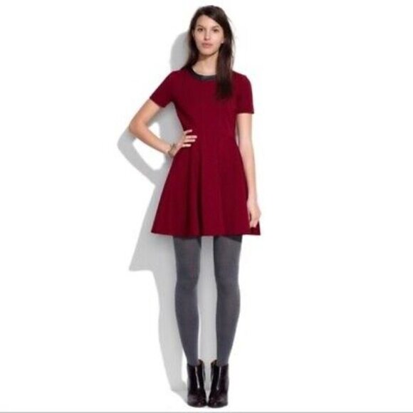 Madewell Womens Dark Red Short Sleeve Skater Dress With Leather Size Small - Picture 1 of 8